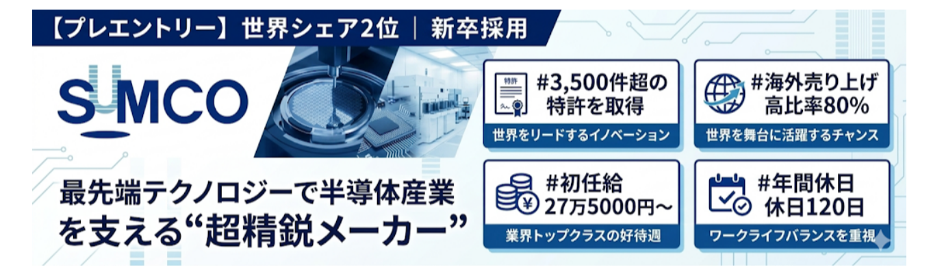 【28卒プレエントリー】世界シェア2位｜最先端テクノロジーで半導体産業を支える“超精鋭メーカー”＃初任給学部卒27.6万円 修士卒32.1万円＃特許取得数3,500件超＃海外売り上げ高比率80％＃年間休日120日