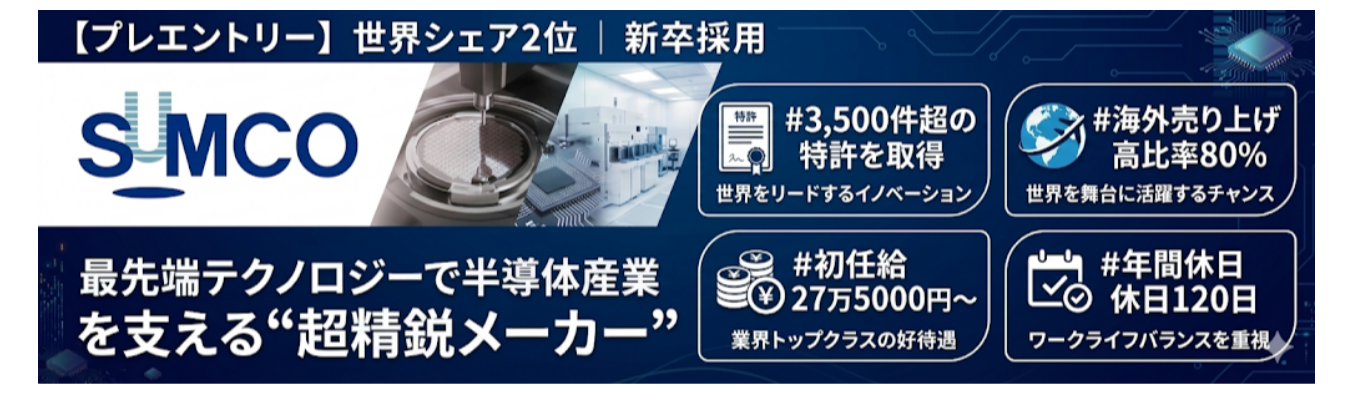 【28卒プレエントリー】世界シェア2位｜最先端テクノロジーで半導体産業を支える“超精鋭メーカー”＃初任給学部卒27.6万円 修士卒32.1万円＃特許取得数3,500件超＃海外売り上げ高比率80％＃年間休日120日  
