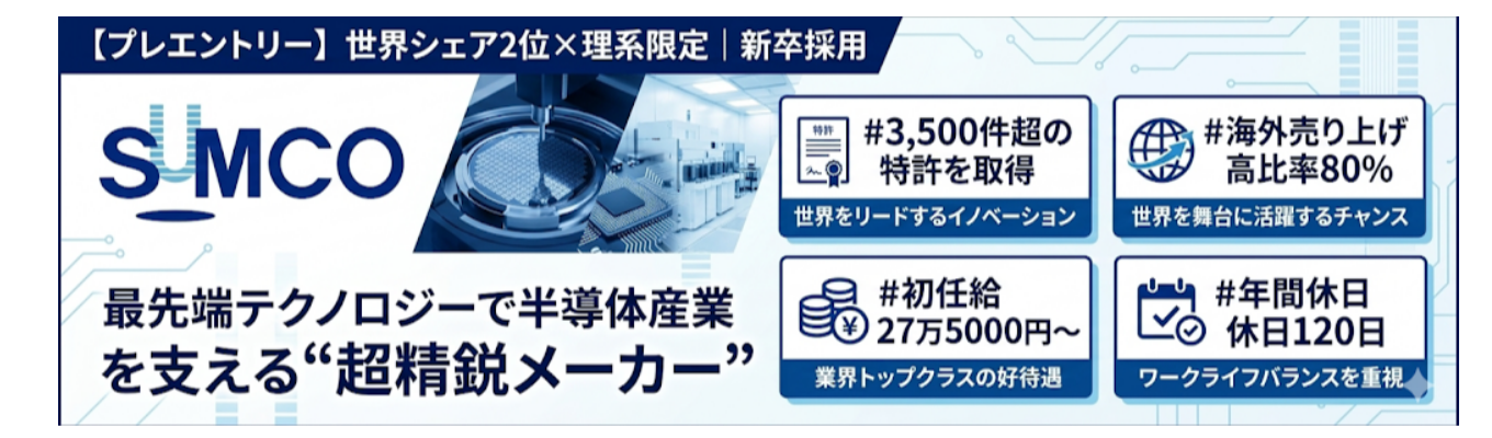【28卒プレエントリー】世界シェア2位｜最先端テクノロジーで半導体産業を支える“超精鋭メーカー”＃初任給学部卒27.6万円 修士卒32.1万円＃特許取得数3,500件超＃海外売り上げ高比率80％＃年間休日120日 